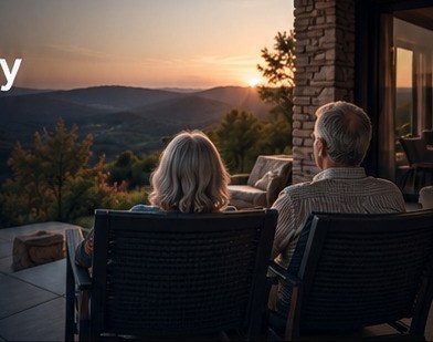Two older adults watch the sunset from a porch